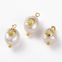 Golden Natural Keshi Pearl Pendants, with Alloy Cabochons and Brass Loops, Nuggets with Shell, Golden, 13~16x8~9x5~8mm, Hole: 2mm
