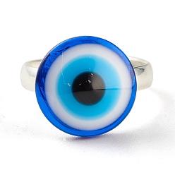 Blue Flat Round with Evil Eye Resin Adjustable Ring, Protection Lucky Brass Finger Ring for Women, Platinum, Blue, US Size 4 1/4(15mm)