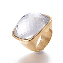 Claro Revestimiento iónico (ip) 304 anillos para los dedos de acero inoxidable, Con cristal facetado, Claro, tamaño de 6~9, 16~19 mm