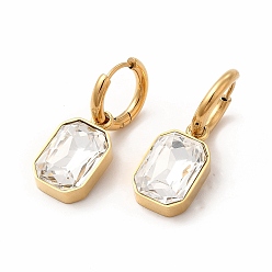 Clear Ion Plating(IP) 304 Stainless Steel Hoop Earring, Rectangle Glass Dangle Earring for Women, Golden, Clear, 31mm, Pin: 0.9mm
