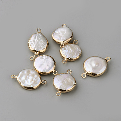 Beige Connecteurs de liens en perles naturelles plaquées, avec les accessoires en fer, plat rond, or, beige, 23.5~28x16~19x4~7mm, Trou: 1.6~1.8mm