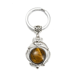 Œil De Tigre Porte-clés pendentif oeil de tigre naturel, plat rond, avec les accessoires en laiton, argent antique et platine, 65~66mm