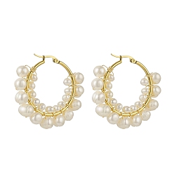 Real 18K Gold Plated Natural Pearl Beaded Hoop Earrings, 304 Stainless Steel Wire Wrap Jewelry for Women, Real 18K Gold Plated, 42x46x8mm, Pin: 0.6~1.2x0.6mm