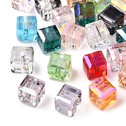 Mixed Color Faceted Transparent Glass Beads, Cube, Mixed Color, 7x7x7mm, Hole: 1.4mm