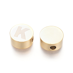 Letter K 304 Stainless Steel Beads, Flat Round with Letter, Letter.K, 10x4.5mm, Hole: 2mm