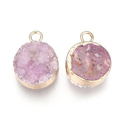Pink Natural Druzy Agate Pendants, with Real 18K Gold Plated Brass Finding, Long-Lasting Plated, Flat Round, Dyed, Pink, 18~20x14x5~10mm, Hole: 2~3mm