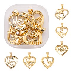 Real 18K Gold Plated 6Pcs 6 Style Brass Micro Pave Clear Cubic Zirconia Pendants, with Snap on Bails, for Mother's Day, Long-Lasting Plated, Heart with Word Mom, Real 18K Gold Plated, 16.5~18x17.5~19x2~4mm, Hole: 3.5~5x4mm, 1pc/style