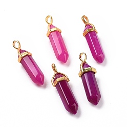 Natural Agate Natural Agate Double Terminated Pointed Pendants, Dyed & Heated, with Random Alloy Pendant Hexagon Bead Cap Bails, Golden, Bullet, 37~40x12.5x10mm, Hole: 3x4.5mm