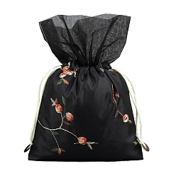Negro Bolsas de flores con bordado de seda, bolsa con cordón, Rectángulo, negro, 25x16 cm