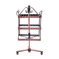 Red Copper Iron Rotating 3-Tier Earring Display Stand, for Hanging Dangle Earring, 96 Holes, Red Copper, 120x120x240mm