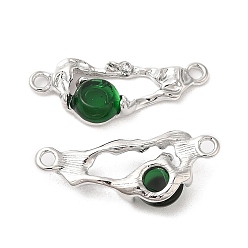 Dark Green Brass Connector Charms, Oval Links with Glass, Real Platinum Plated, Dark Green, 12x31x6mm, Hole: 2mm