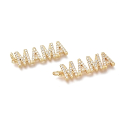 Real 18K Gold Plated Brass Micro Pave Cubic Zirconia Pendants, with Jump Rings, for Mother's Day, Long-Lasting Plated, Word Mama, Real 18K Gold Plated, 29x9x2mm, Hole: 3mm
