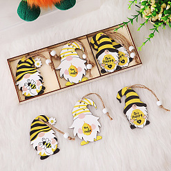 Jaune Décorations de pendentif en bois de gnome, avec des perles en bois  , ornements muraux de porte du festival des abeilles, jaune, 238x83.9x14mm, 3 pcs / boîte