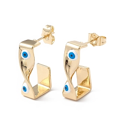 White Brass Enamel Evil Eye Stud Earrings, with Ear Nuts, Real 18K Gold Plated Twist Earrings for Women Girls, White, 24x12mm, Pin: 1mm