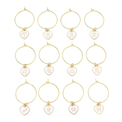 White 12Pcs Heart with Constellation Alloy Enamel Wine Glass Charms Sets, with Brass Hoop Earrings Findings, Golden, White, 45mm