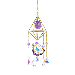 Amethyst Golden Iron Wind Chime, with Natural Amethyst, Crystal, for Outside Yard and Garden Decoration, 450mm, Hole: 11mm