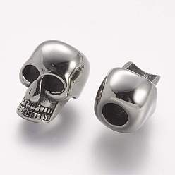 Antique Silver 304 Stainless Steel European Beads, Skull, Large Hole Beads, Antique Silver, 16x11x12.5mm, Hole: 5mm