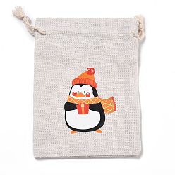 Penguin Christmas Cotton Cloth Storage Pouches, Rectangle Drawstring Bags, for Candy Gift Bags, Penguin Pattern, 13.8x10x0.1cm
