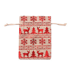 Deer Christmas Theme Linenette Drawstring Bags, Rectangle, Deer, 18x13cm