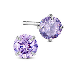 Lilac SHEGRACE Rhodium Plated 925 Sterling Silver Four Pronged Ear Studs, with AAA Cubic Zirconia and Ear Nuts, Lilac, 6mm