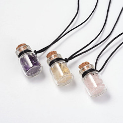 Mixed Stone Beautiful Design Adjustable Glass Wishing Bottle Pendant Necklaces, with Waxed Cord, Mixed Stone Beads and Wooden Bungs, 13.3 inch~26.3 inch
