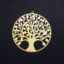 Oro 201 colgantes de acero inoxidable, círculo con árbol de la vida, dorado, 47x45x1 mm, agujero: 1.6 mm
