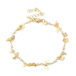 Настоящее золото 24K Женские браслеты-цепочки из латуни в форме сердца и АБС-пластика с жемчугом и бисером, реальный 24 k позолоченный, 7-1/8 дюйм (18.2 см)