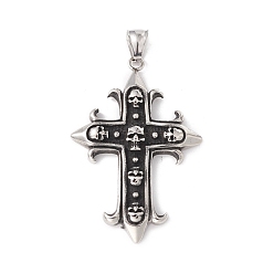 Antique Silver 304 Stainless Steel Big Pendant, Cross with Skull, Antique Silver, 56x38x5mm, Hole: 8x4mm