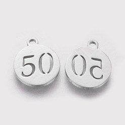 Stainless Steel Color 201 Stainless Steel Charms, Flat Round with Number 50, Stainless Steel Color, 14.1x11.8x1mm, Hole: 1mm