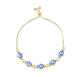 Blue Clear Cubic Zirconia & Enamel Hamsa Hand with Evil Eye Links Slider Bracelet, Gold Plated Brass Jewelry for Women, Lead Free & Cadmium Free, Blue, 10-5/8 inch(27cm)