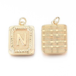 Letter N Brass Pendants, with Jump Rings, Cadmium Free & Nickel Free & Lead Free, Rectangle with Letter, Real 18K Gold Plated, Letter.N, 22.5x16x2mm, Jump Ring: 5x1mm, 3mm inner diameter