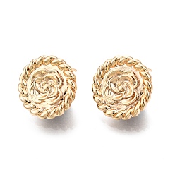 Real 18K Gold Plated Flat Round with Flower Pattern Brass Stud Earring Findings, with Vertical Loops, Nickel Free, Real 18K Gold Plated, 18mm, Hole: 1.6mm, Pin: 0.7mm