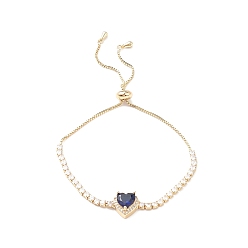 Dark Blue Cubic Zirconia Heart Link Silder Bracelet with Crystal Rhinestone, Real 18K Gold Plated Brass Jewelry for Women, Dark Blue, 10-5/8 inch(27cm)