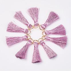 Pink Cannetille Nylon Tassel Pendant Decorations, with Iron Findings, Golden, Pink, 30~32x7x4mm, Hole: 4x5mm