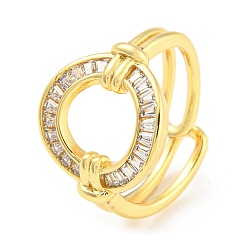Real 18K Gold Plated Rack Plating Brass with Clear Cubic Zirconia Donut Open Cuff Rings, Long-Lasting Plated, Lead Free & Cadmium Free, Real 18K Gold Plated, US Size 9(18.9mm)