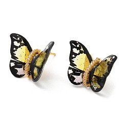 Yellow Film Butterfly Stud Earrings with Cubic Zirconia, Real 18K Gold Plated Brass Earrings, Lead Free & Cadmium Free, Yellow, 17x22~23mm