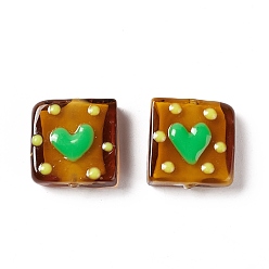 Saddle Brown Handmade Lampwork Beads, Square with Heart Pattern, Saddle Brown, 16x15x6mm, Hole: 1.8mm