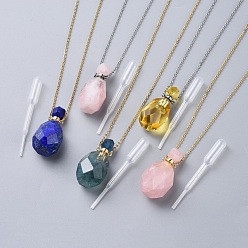 Mixed Color Natural Gemstone Perfume Bottle Pendant Necklaces, with Stainless Steel Cable Chain and Plastic Dropper, Bottle, Mixed Color, 20.3 inch(51.7cm), Bottle Capacity: 0.15~0.3ml(0.005~0.01 fl. oz)