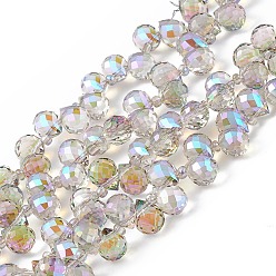 Lilas Transparentes perles de verre de galvanoplastie brins, facette, larme percée en haut, demi arc-en-ciel plaqué, lilas, 10x7.5~8mm, Trou: 0.8~1mm, Environ 95~100 pcs/chapelet, 23.23~26.77 (59~68 cm)