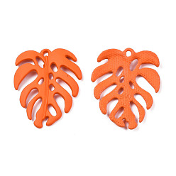 Coral Spray Painted Alloy Pendants, Tropical Leaf, Cadmium Free & Nickel Free & Lead Free, Coral, 34x27x4mm, Hole: 1.8mm