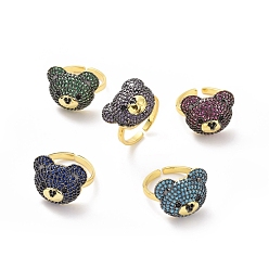 Mixed Color Cubic Zirconia Bear Open Cuff Rings, Golden Alloy Jewelry for Women, Mixed Color, Inner Diameter: 17mm