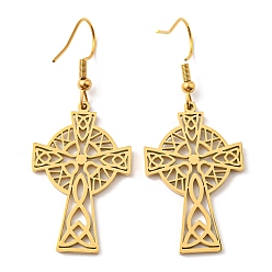 Golden 304 Stainless Steel Cross with Sailor's Knot Dangle Earrings for Women, Golden, 50x20mm