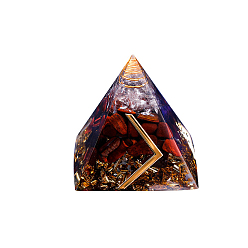 Tiger Eye Orgonite Pyramid Resin Display Decorations, with Brass Findings, Gold Foil and Natural Tiger Eye Chips Inside, for Home Office Desk, 50mm