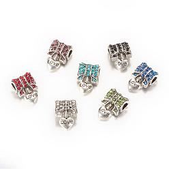 Mixed Color Alloy Rhinestone European Dangle Charms, Large Hole Pendants, Heart, Antique Silver, Mixed Color, 18.5x13x7~7.5mm, Hole: 4mm