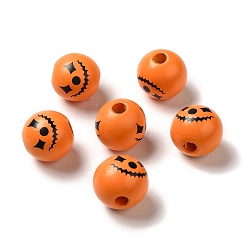Orange Printed Round Wood European Beads, Halloween Theme Large Hole Beads, Monster Face, Orange, 16mm, Hole: 4mm