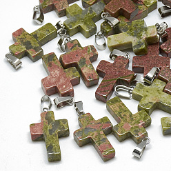 Unakite Natural Unakite Pendants, with Stainless Steel Snap On Bails, Cross, 29~30x18~19x5~6mm, Hole: 6x4mm