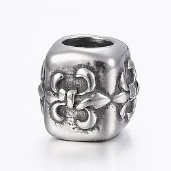 Antique Silver 316 Surgical Stainless Steel European Beads, Large Hole Beads, Cube, Antique Silver, 9x9x10mm, Hole: 5mm