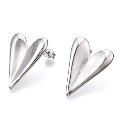 Платинированный Латунные серьги-гвоздики в форме сердца для женщин, Реальная платина, 29x21 мм, штифты : 0.7 мм