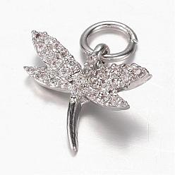 Platinum Brass Micro Pave Cubic Zirconia Charms, Dragonfly, Platinum, 13.5x15x3mm, Hole: 4mm