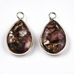 Indian Red Teardrop Assembled Synthetic Bronzite and Regalite/Imperial Jasper Pendants, with Iron Loop and Brass Edge, Light Gold, Dyed, Indian Red, 22~23x14x5~6mm, Hole: 2mm